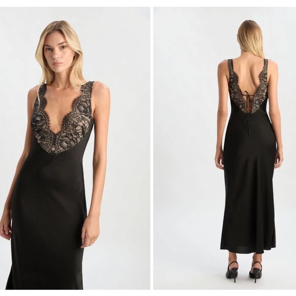 BEST Bardot Hayden Lace Slip Midi Dress Medium/US6 Black Noir Lace - Picture 2 of 9